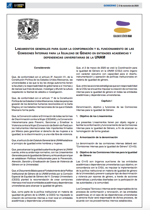 Lineamientos Generales para Guiar la Conformación y el Funcionamiento de las Comisiones Internas para la Igualdad de Género en Entidades Académicas y Dependencias Universitarias de la UNAM