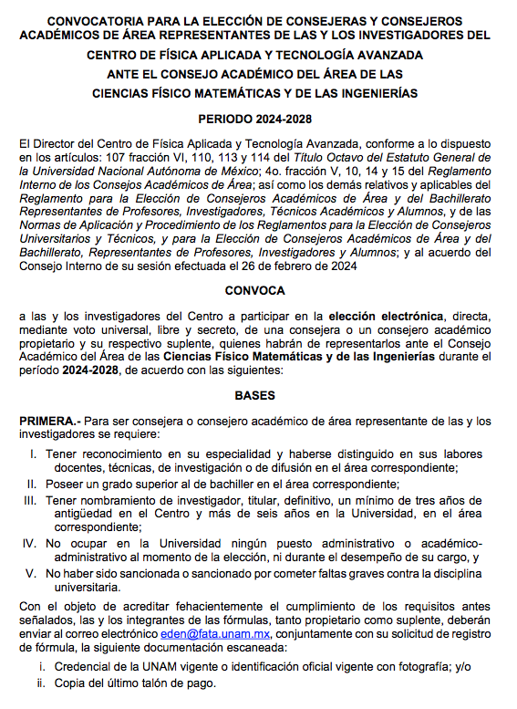 Convocatoria para la Elección de Consejeras y Consejeros Académicos de Área Representantes de las y los Investigadores del Centro de Física Aplicada y Tecnología Avanzada ante el Consejo Académico del Área de las Ciencias Físico Matemáticas y de las Ingenierías