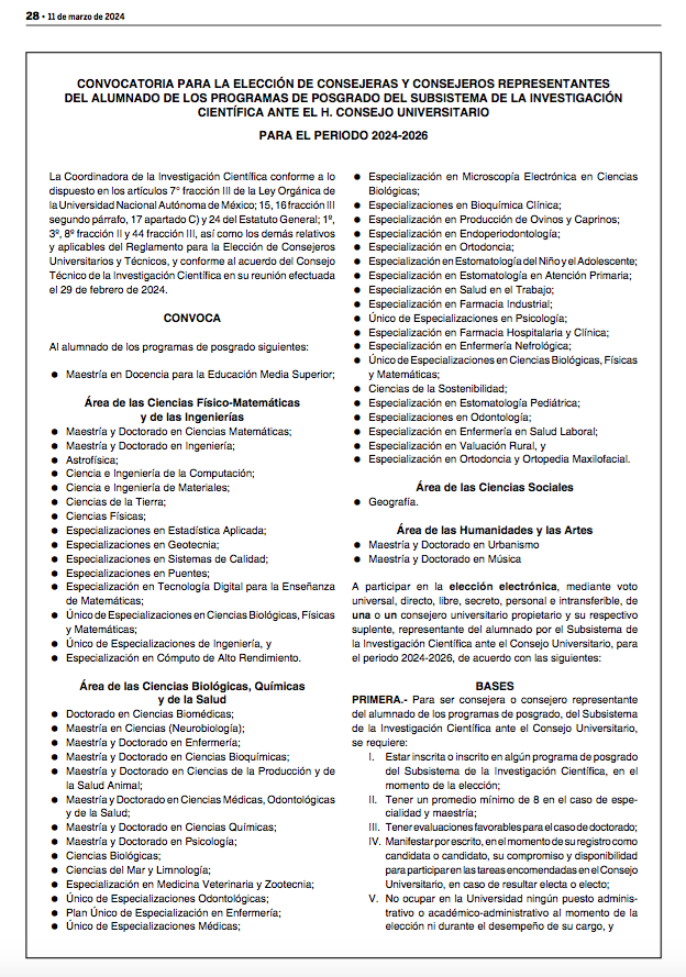 Convocatoria para la Elección de Consejeras y Consejeros Representantes del Alumnado de los Programas de Posgrado del Subsistema de la Investigación Científica ante el H. Consejo Universitario